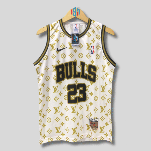 CHICAGO BULLS MICHAEL JORDAN 23 | MEN'S CUSTOM WHITE AND GOLD LV BASKETBALL JERSEY | MENS JORDAN JERSEY