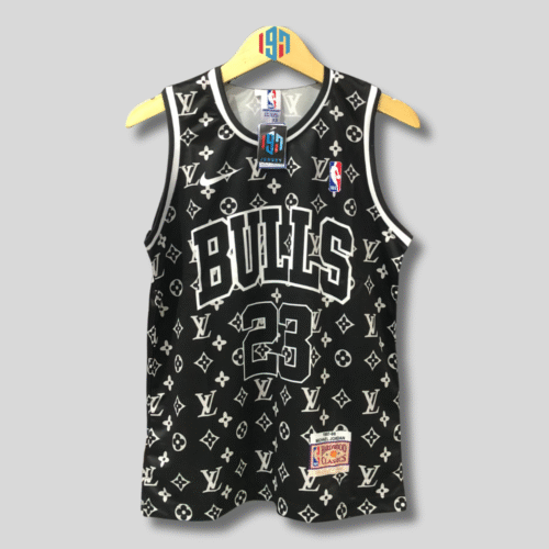 CHICAGO BULLS MICHAEL JORDAN 23 | KID BLACK AND WHITE CUSTOM BASKETBALL JERSEY LV LOGO