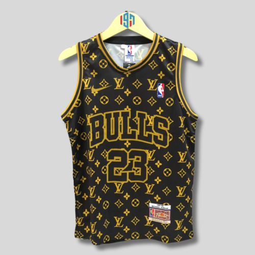 CHICAGO BULLS MICHAEL JORDAN 23 | MEN'S BLACK AND GOLD CUSTOM BASKETBALL JERSEY LV LOGO